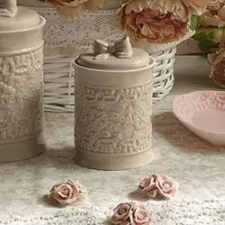 Barattolo Ceramica Shabby Chic Bow Collection Colore Tortora 12x18