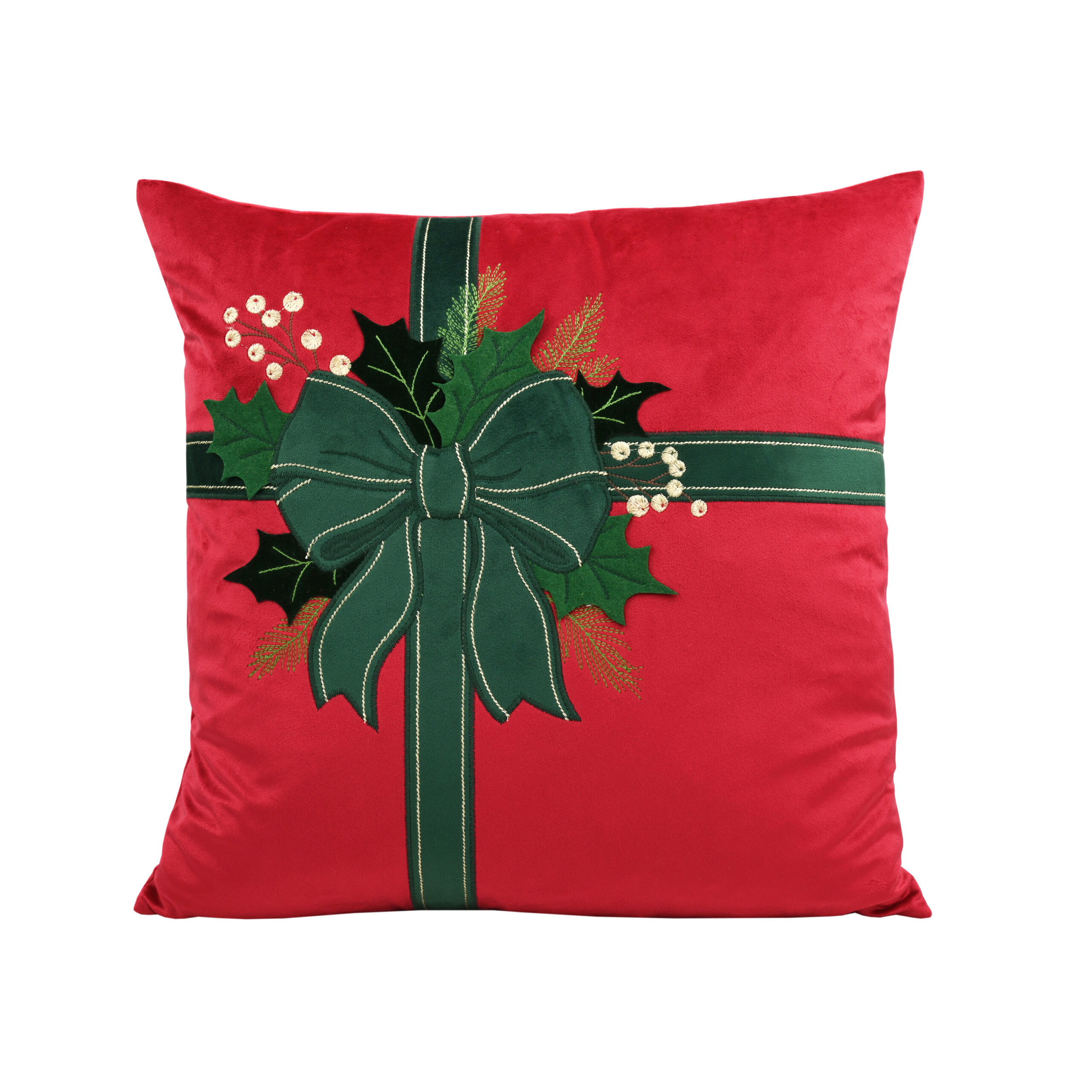 CUSCINO VELLUTO ROSSO DECORO FIOCCO VERDE 45x45