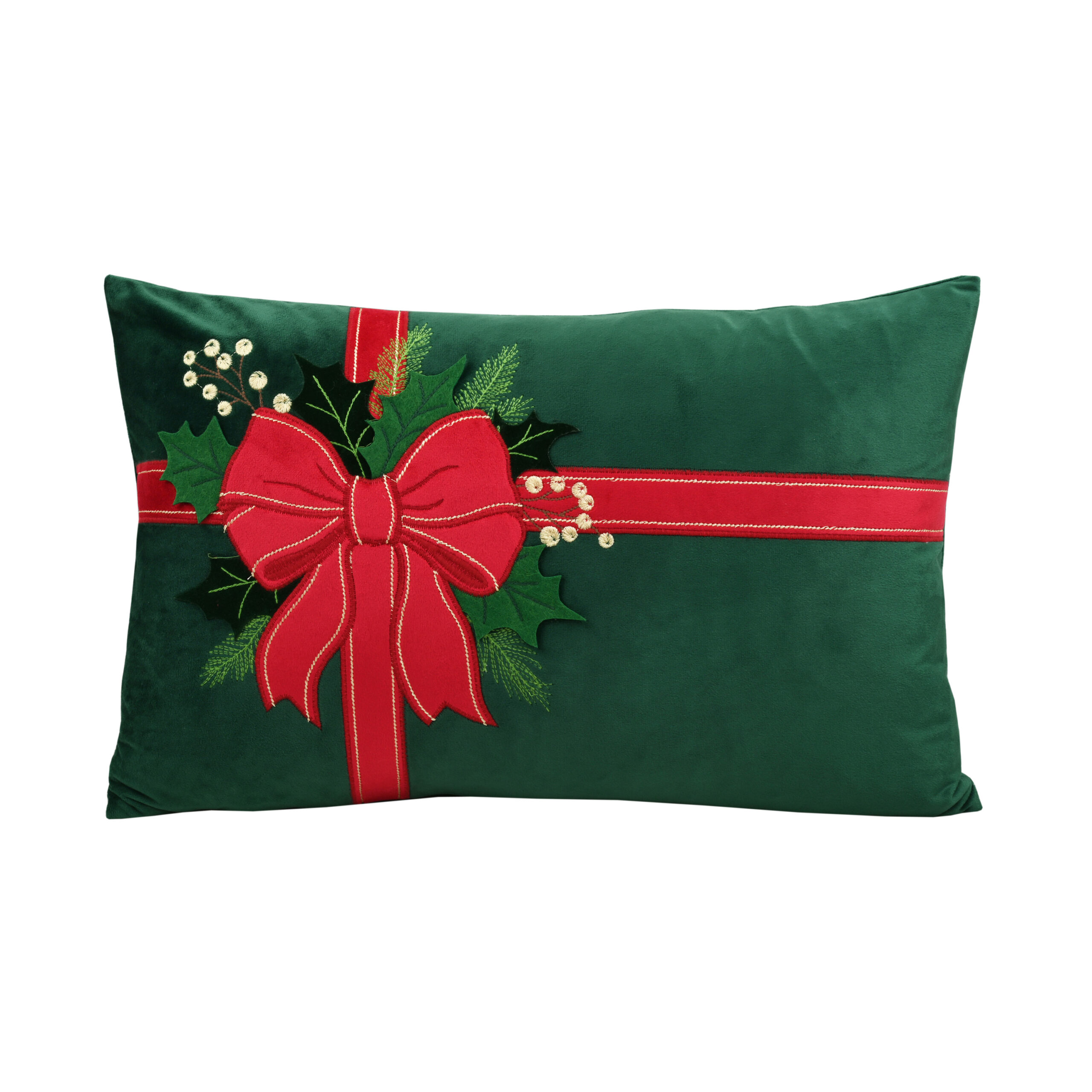 CUSCINO VELLUTO VERDE RETTANGOLARE DECORO FIOCCO ROSSO